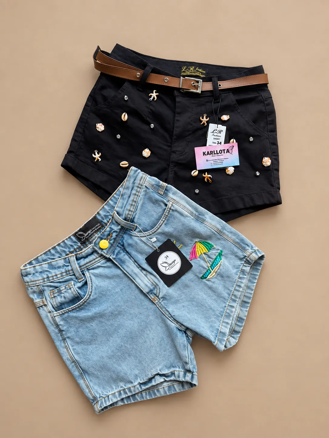 Shorts Slim preto com aplicações e short jeans azul bordado.